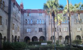 The courtyard at the Lightner/City Hall building looking across to the entrance of the Alcazar Room