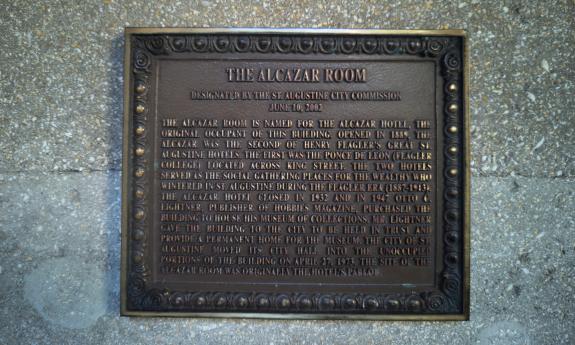 This bronze plaque hangs outside the Alcazar Room at St. Augustine's City Hall