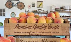 Crates of peaches in the Feed Store shop, which is decorated with old tools and signs