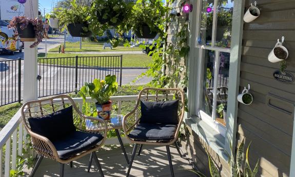 The front porch seating area overlooking West King Street