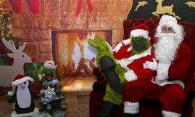The Grinch and Santa, sitting together by a fireplace, in a room decorated with animal figures