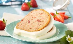 A strawberries and cream bundt cake slice