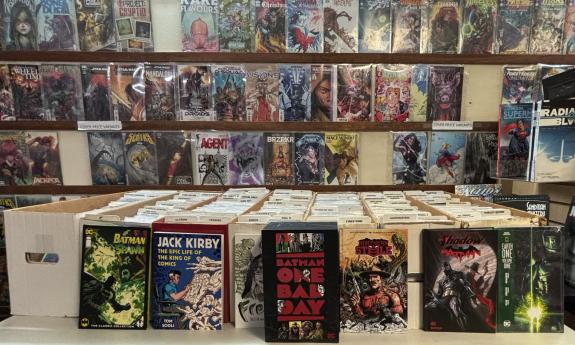 Graphic novels arranged on display inside