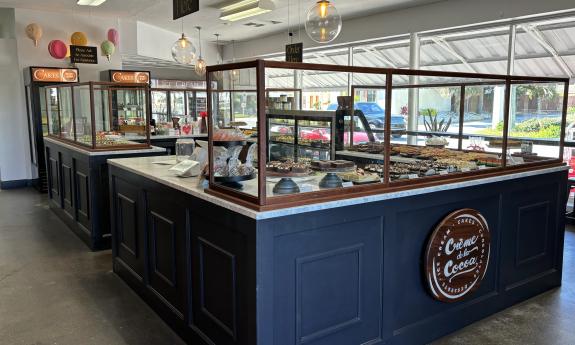 The counter where desserts are viewed and checked out