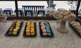 Decorated macaron cookies arranged for customers to view