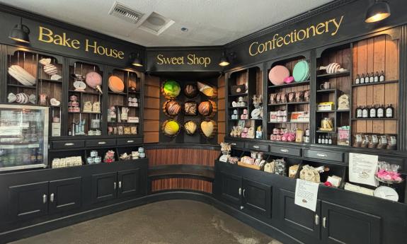 The bakery shop has goodies on display for purchase