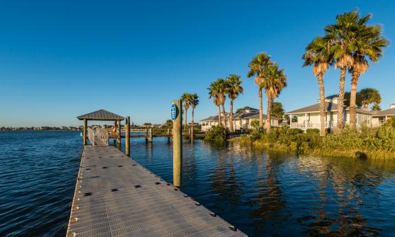 A long dock on the river, with palm trees on shore on a bright sunny day