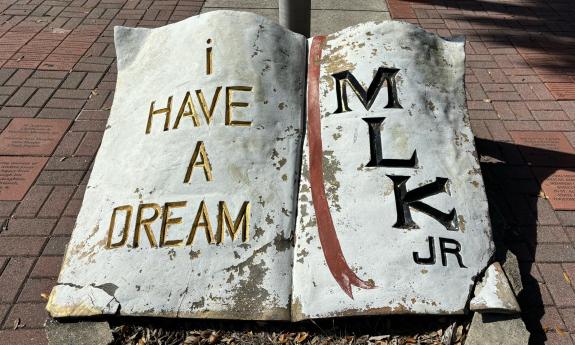 A book structure dedicated to Martin Luther King Jr. in front of the museum