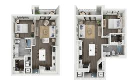 Two overhead views of both one-bedroom floorplans available at Soluna Apartments