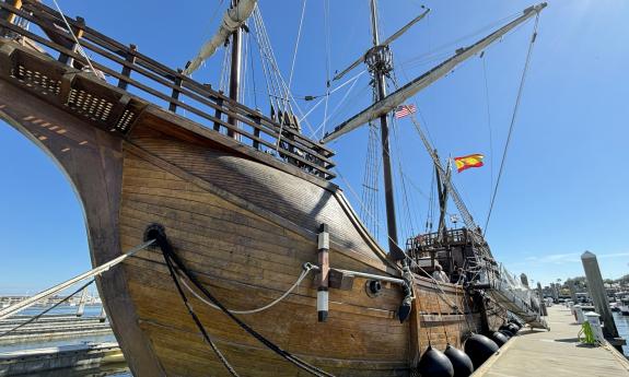 The Nao Trinidad Tall Ship as seen from the dock on a clear day