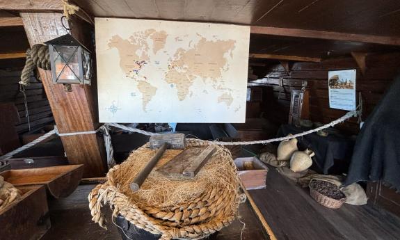 A map displayed on the deck of the ship