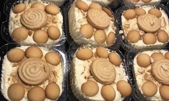 Containers of banana pudding used for a catered event