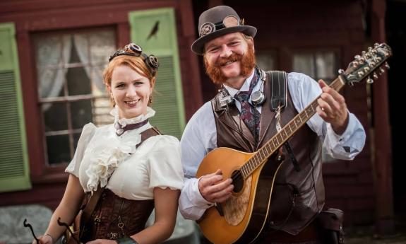 Performers from the Celtic Festival posing with instruments