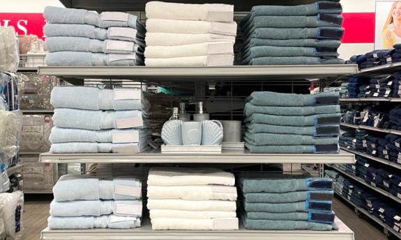 Colored bath towels on display