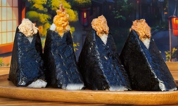 A presentation of onigiri filled with different protein