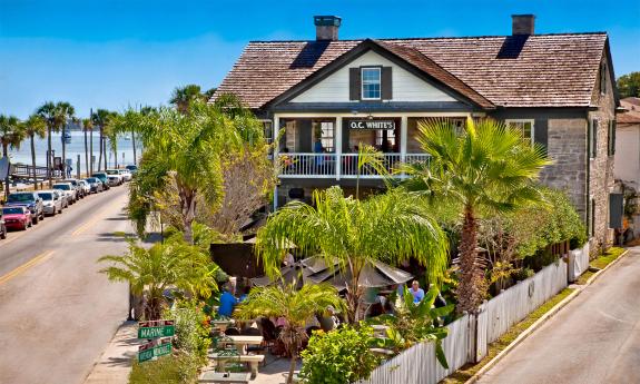 View of O.C. White's seafood restaurant with bayfront in background