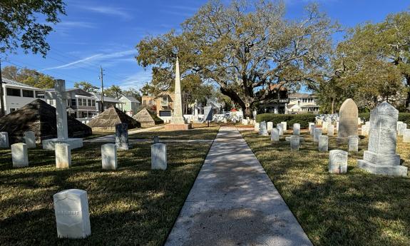 A pathway leads visitors through the cemetery