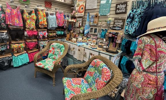 A seating area is set up inside the store