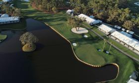 Aerial view of the par-5 16th hole at TPC Sawgrass—Players Stadium Course