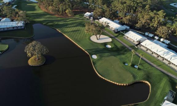 Aerial view of the par-5 16th hole at TPC Sawgrass—Players Stadium Course