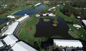 Aerial view of the iconic par-3 17th hole at The Players Stadium Course at TPC Sawgrass