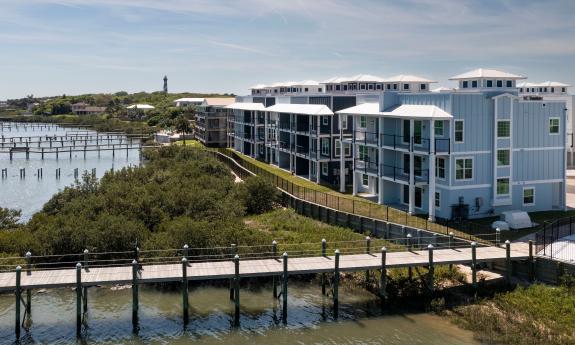 Condos on Salt Run, facing the east, with their private dock in the forefront