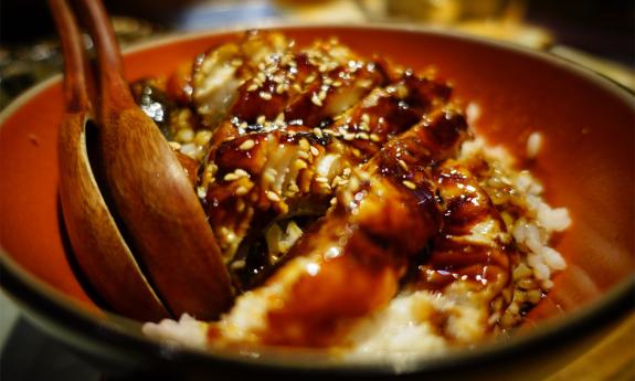 White rice and teriyaki chicken served in a bowl