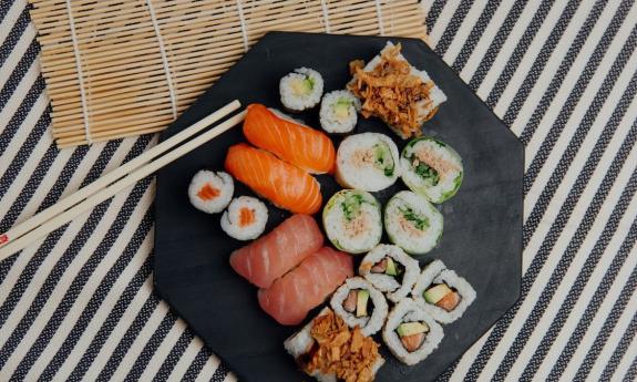 Different types of sushi on a platter