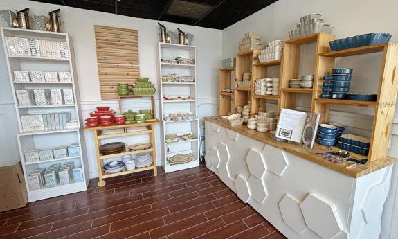 Additional kitchenware displayed on shelves