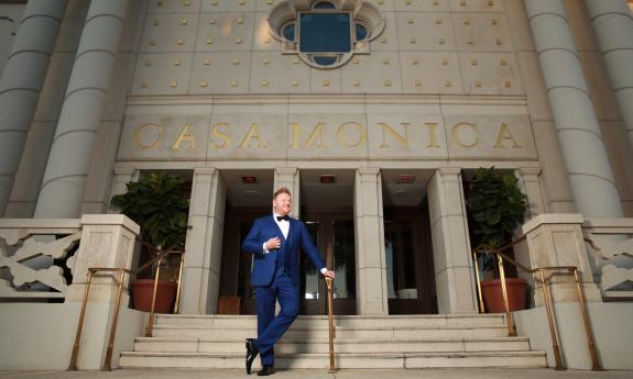 Master Magician Bill Abbott, on the steps of the Casa Monica Resort and Spa