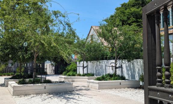 An old garden in an historic town, with raised beds and shade trees