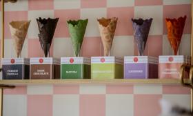 Different types of waffle flavors are on display in the shop