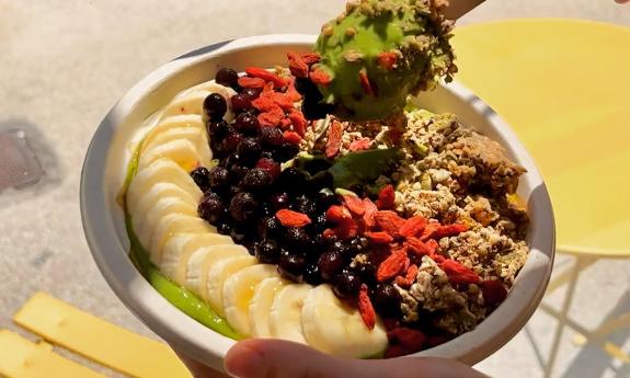 A smoothie bowl with an assortment of toppings