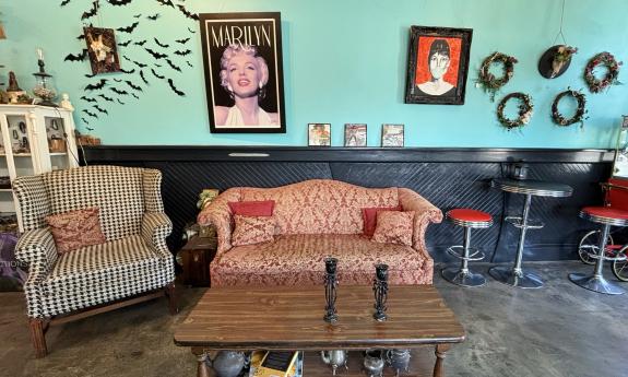 Couches and chairs fill the space inside the bakery