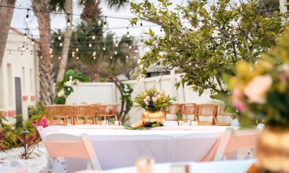 A wedding reception set up outside of the motel