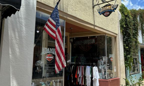 An angled view of the exterior of the Harley-Davidson shop