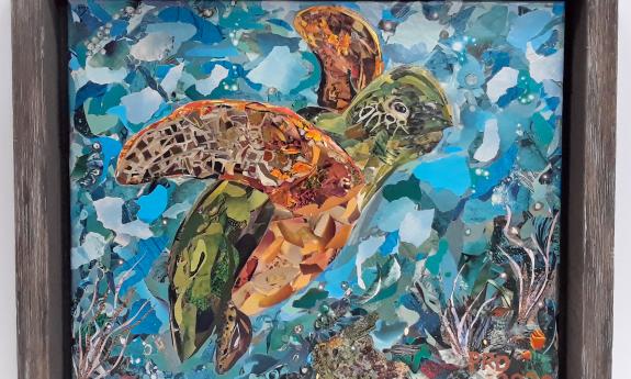 A sea turtle art piece displayed