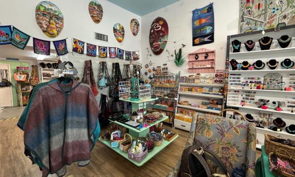 Unique clothes, knick knacks, and jewelry pieces presented