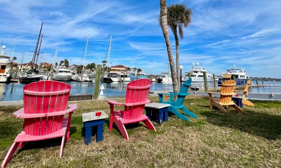 Lounge chairs looking out over the harbor