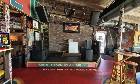 The stage set up at Sarbez! for live music and other entertainment