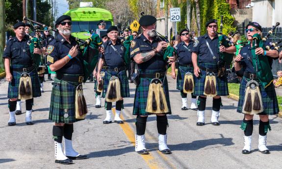 The members of the Police and Fire Bagpipe unit lined up for the start of the St. Augustine St. Patrick's Parade