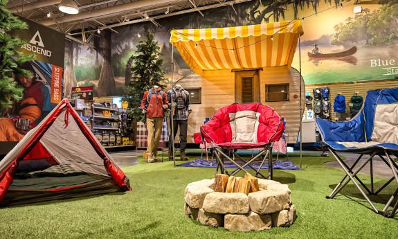 A camp site set up inside the store