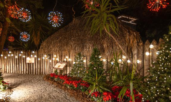A decorated and lighted path along a rustic old road