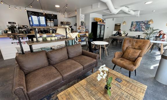 Indoor seating and the open layout at the local cafe