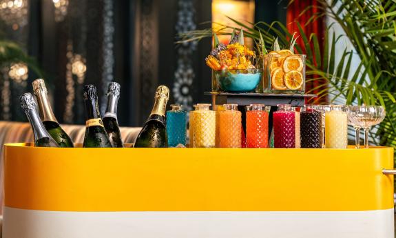 An assortment of drinks set up at a restaurant