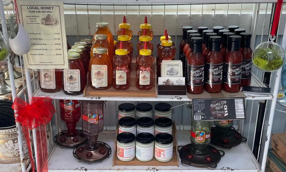 Local honey and datil pepper sauce on shelves