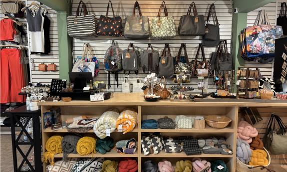 Bags and towels surrounding the counter space