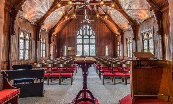 The interior of St. Cyprians is made of heart pine and has a deeply arched ceiling