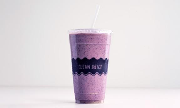 The Relaxation One smoothie from Clean Juice, featuring almond milk, blueberries, banana, avocado, honey, collagen, and lavender