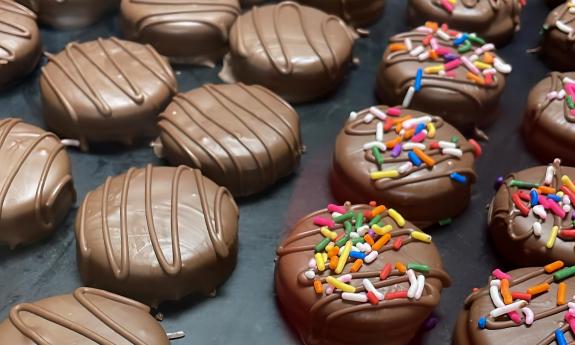 Chocolate-covered cookies on display